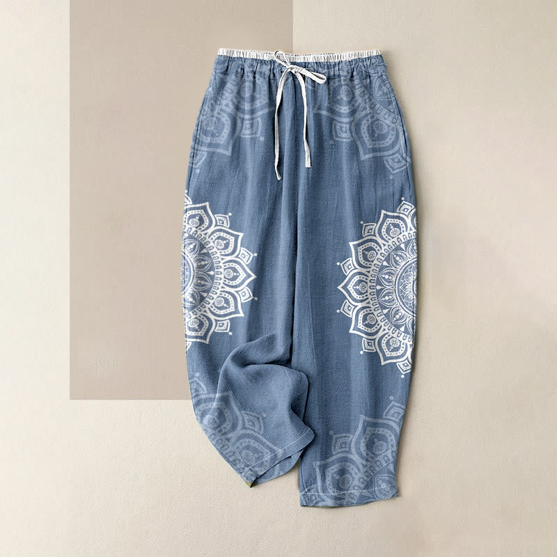 Buddha Stones Pure Cotton Mandala Pattern Women's Elastic Waist Pants With Pockets