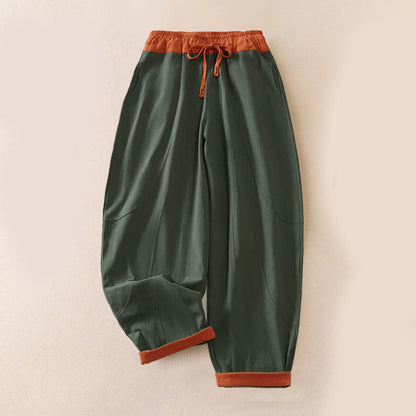 Buddha Stones Color Contrast Corduroy Cotton Women's Thermal Fleece-Lined Harem Pants With Pockets