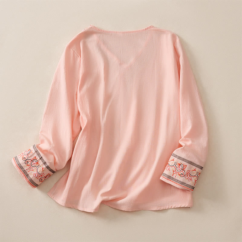 Buddha Stones Casual Embroidered Flowers Slant Collar Strap Long Sleeve Women's Shirt