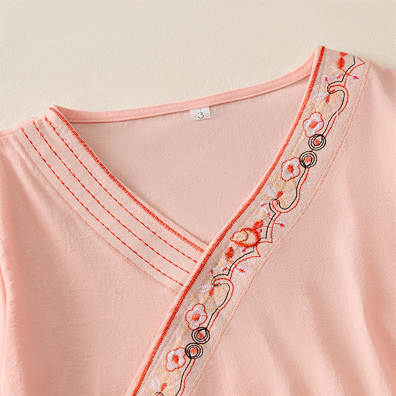 Buddha Stones Casual Embroidered Flowers Slant Collar Strap Long Sleeve Women's Shirt