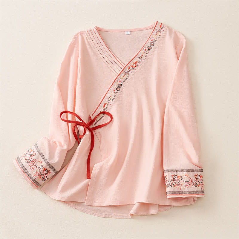 Buddha Stones Casual Embroidered Flowers Slant Collar Strap Long Sleeve Women's Shirt