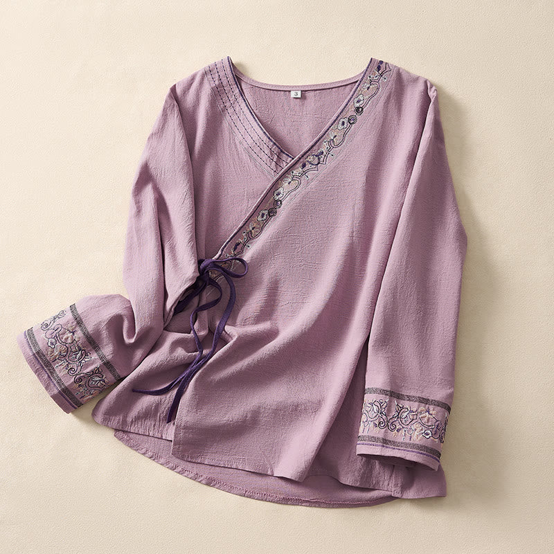 Buddha Stones Casual Embroidered Flowers Slant Collar Strap Long Sleeve Women's Shirt