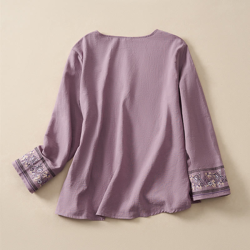 Buddha Stones Casual Embroidered Flowers Slant Collar Strap Long Sleeve Women's Shirt