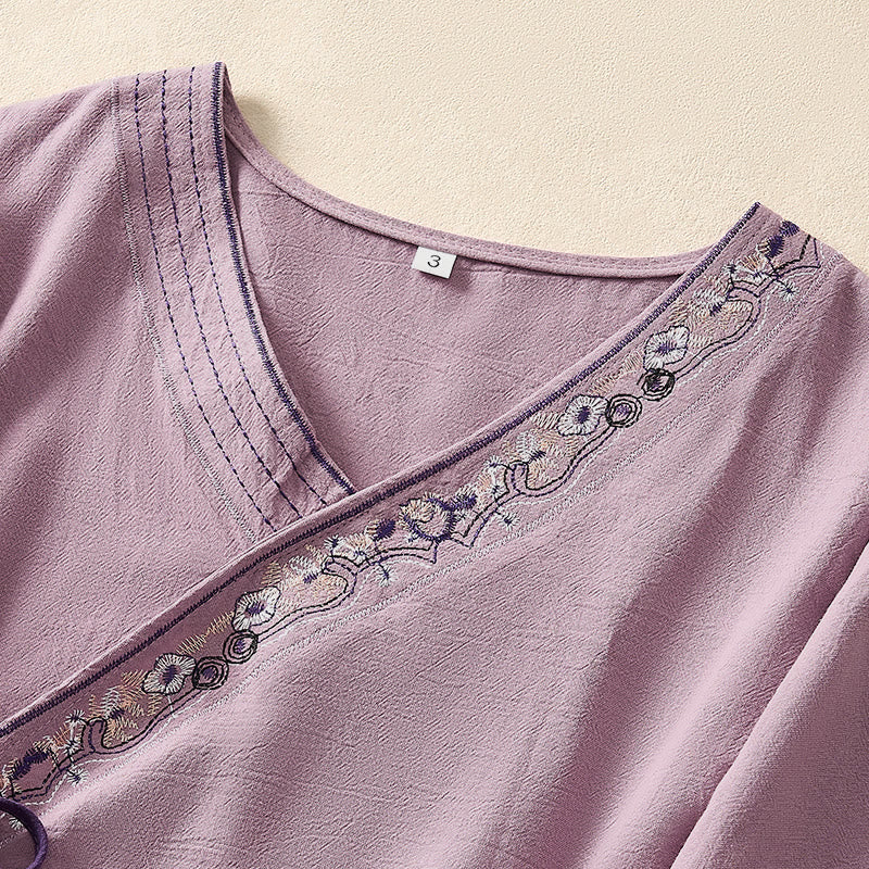 Buddha Stones Casual Embroidered Flowers Slant Collar Strap Long Sleeve Women's Shirt