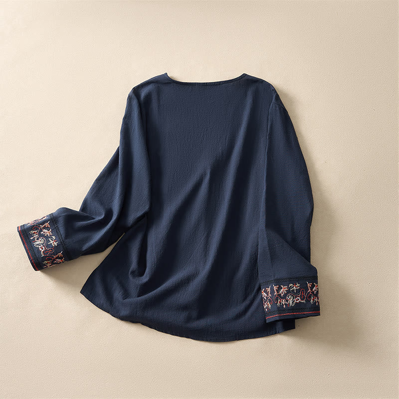 Buddha Stones Casual Embroidered Flowers Slant Collar Strap Long Sleeve Women's Shirt