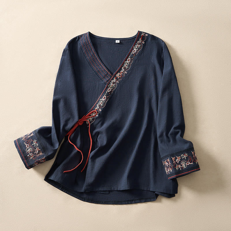 Buddha Stones Casual Embroidered Flowers Slant Collar Strap Long Sleeve Women's Shirt