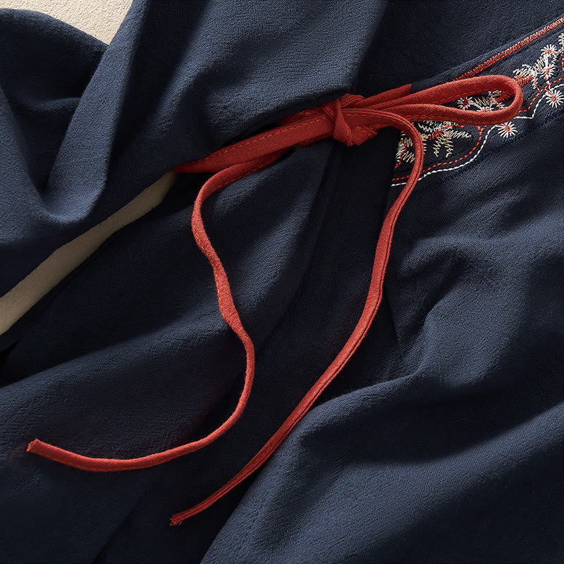 Buddha Stones Casual Embroidered Flowers Slant Collar Strap Long Sleeve Women's Shirt