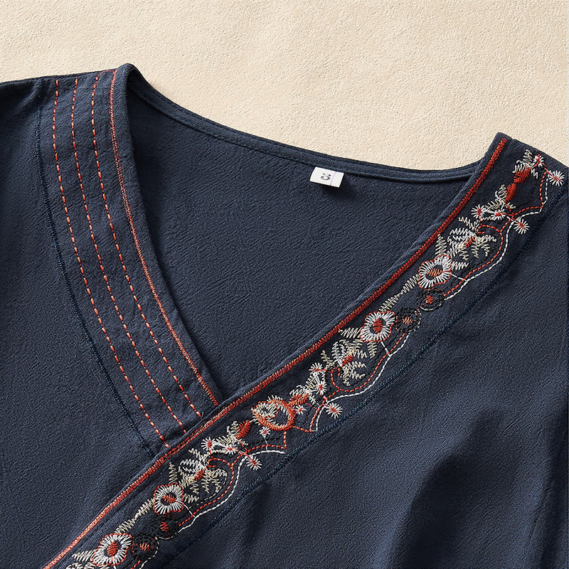 Buddha Stones Casual Embroidered Flowers Slant Collar Strap Long Sleeve Women's Shirt