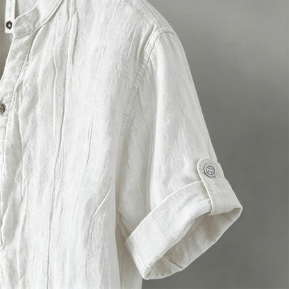 Buddha Stones Solid Color Short Sleeve Half Button Shirt Cotton Linen Men Clothing