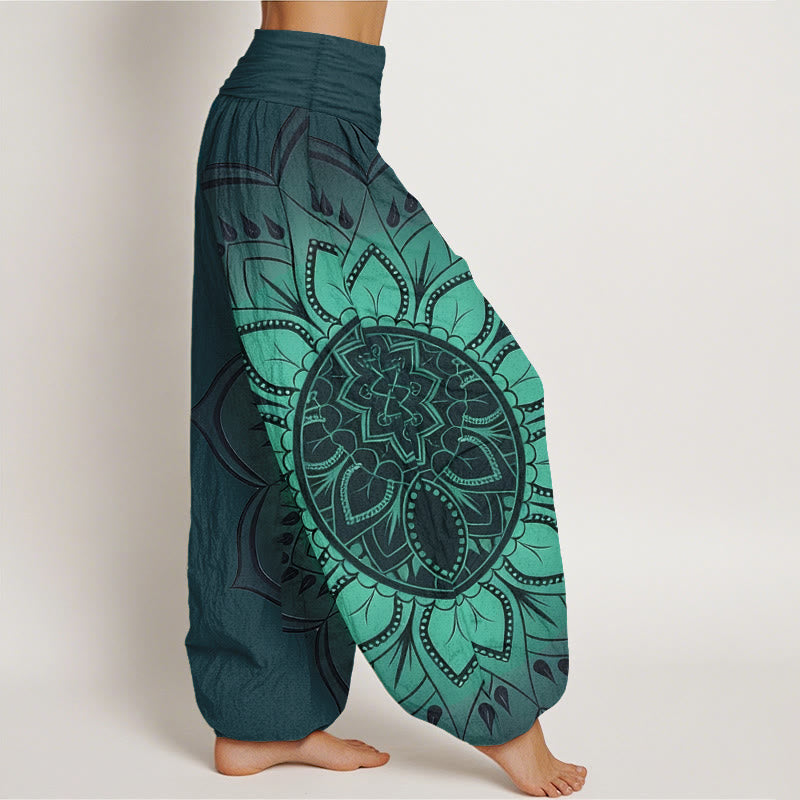 Buddha Stones Cotton Symmetrical Mandala Pattern Women's Elastic Waist Harem Pants