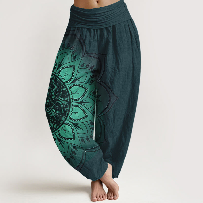 Buddha Stones Cotton Symmetrical Mandala Pattern Women's Elastic Waist Harem Pants