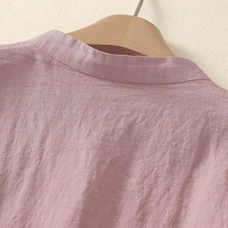 Buddha Stones Summer Plain Red Buttons Short Sleeve Women's Shirt