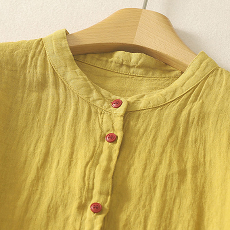 Buddha Stones Summer Plain Red Buttons Short Sleeve Women's Shirt