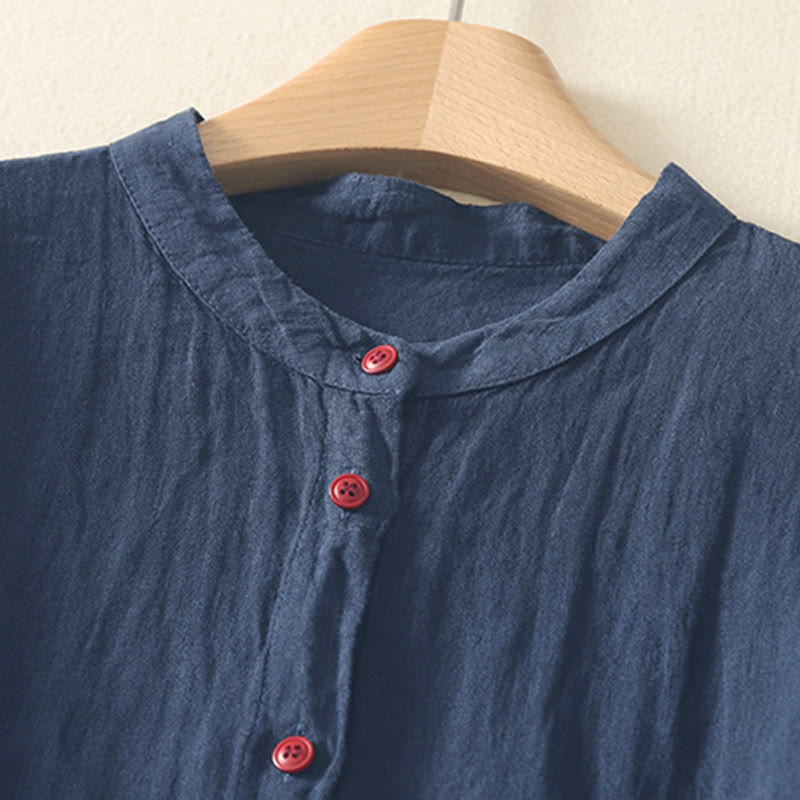 Buddha Stones Summer Plain Red Buttons Short Sleeve Women's Shirt