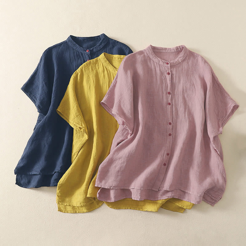 Buddha Stones Summer Plain Red Buttons Short Sleeve Women's Shirt