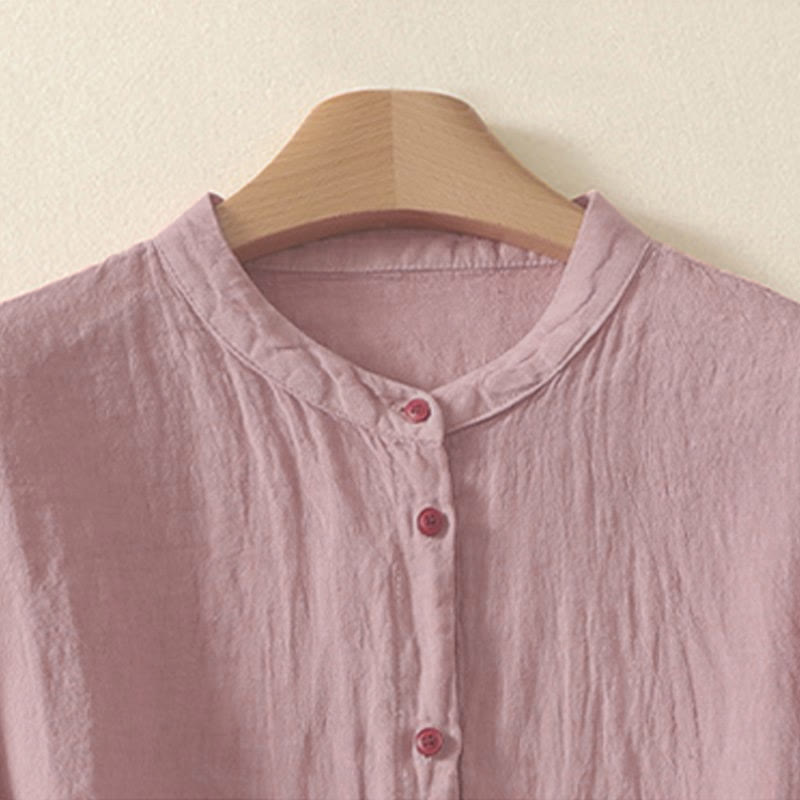 Buddha Stones Summer Plain Red Buttons Short Sleeve Women's Shirt