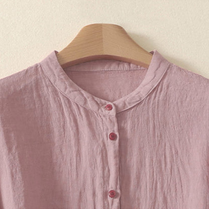 Buddha Stones Summer Plain Red Buttons Short Sleeve Women's Shirt