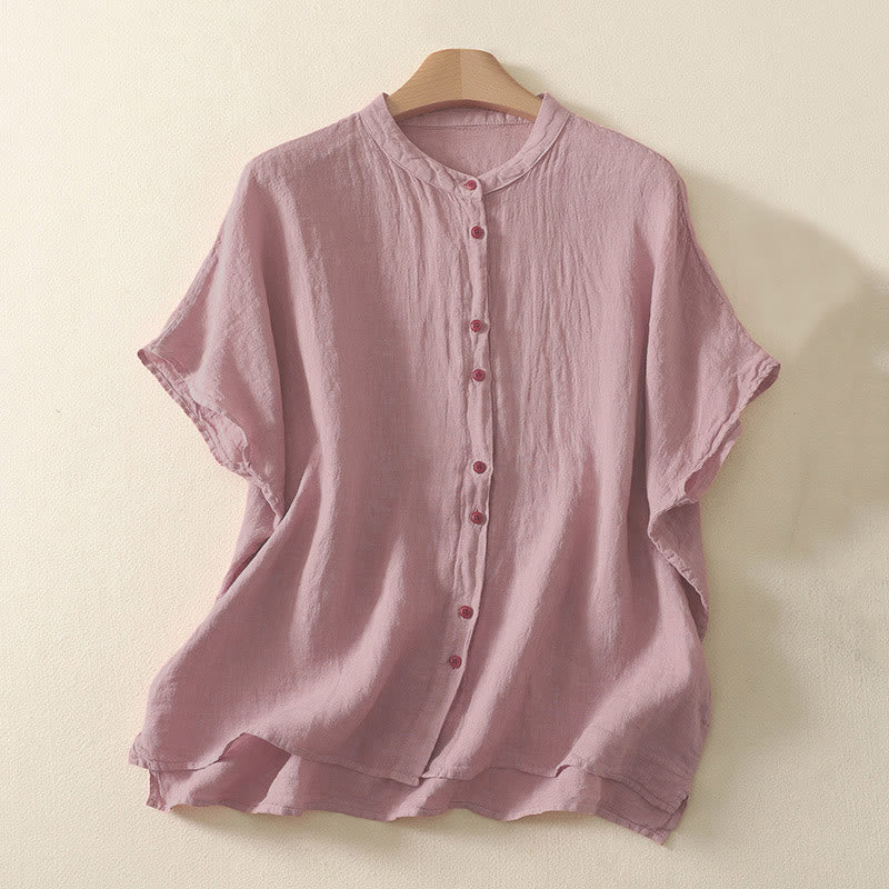 Buddha Stones Summer Plain Red Buttons Short Sleeve Women's Shirt