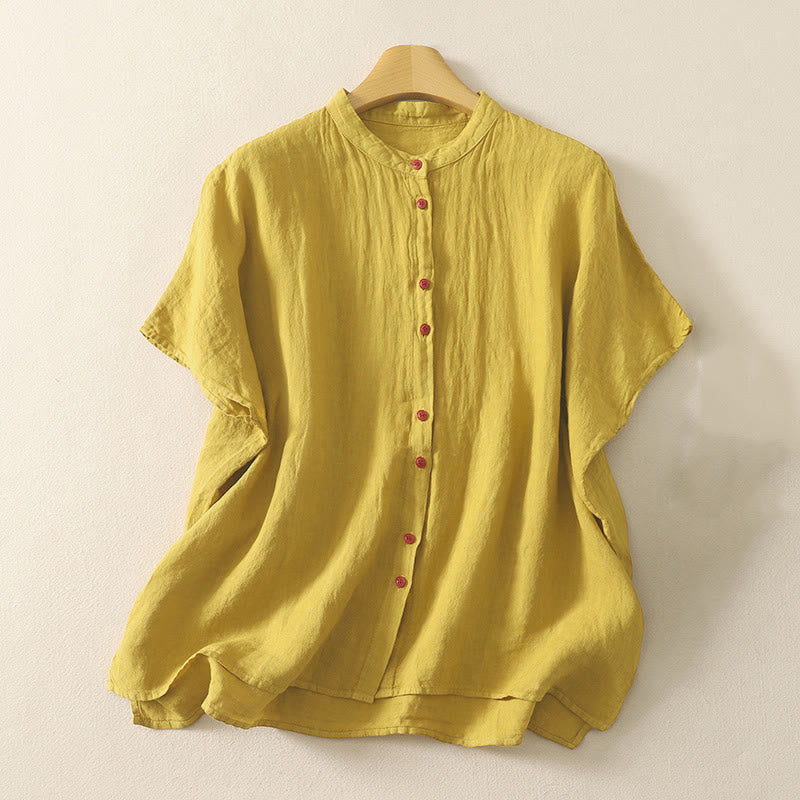 Buddha Stones Summer Plain Red Buttons Short Sleeve Women's Shirt
