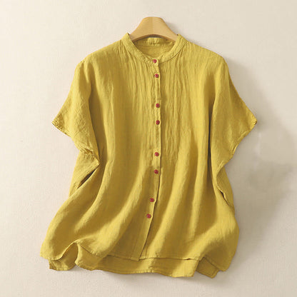 Buddha Stones Summer Plain Red Buttons Short Sleeve Women's Shirt