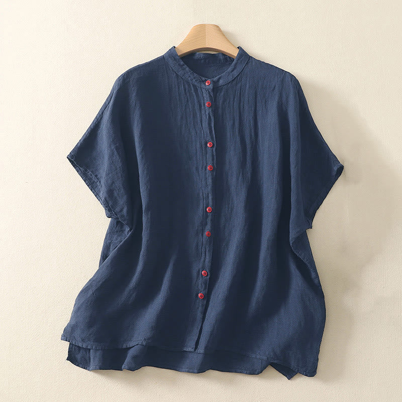 Buddha Stones Summer Plain Red Buttons Short Sleeve Women's Shirt