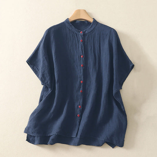 Buddha Stones Summer Plain Red Buttons Short Sleeve Women's Shirt