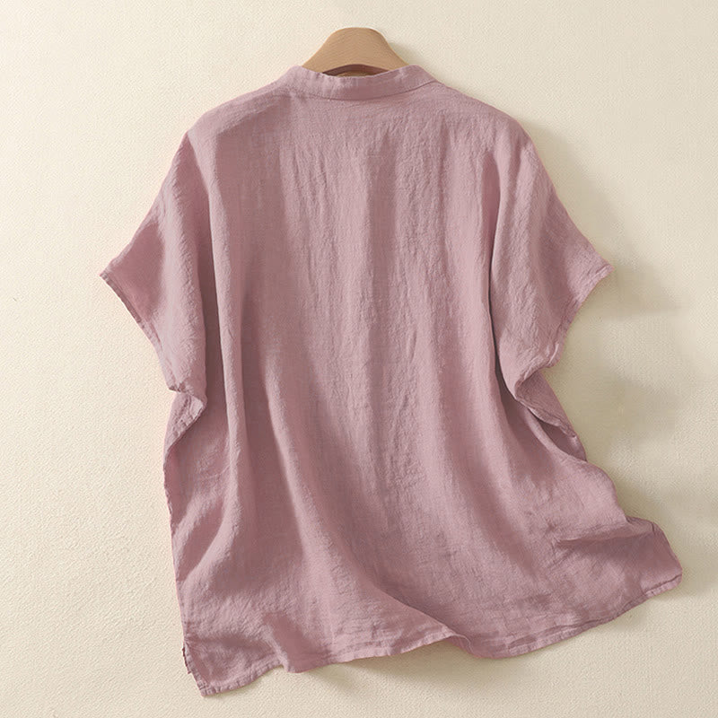 Buddha Stones Summer Plain Red Buttons Short Sleeve Women's Shirt