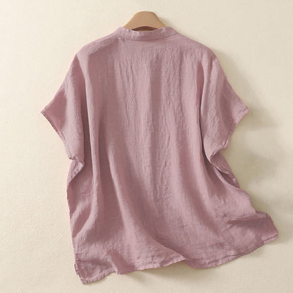 Buddha Stones Summer Plain Red Buttons Short Sleeve Women's Shirt
