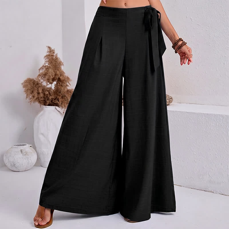 Buddha Stones Spring Casual Retro Plain Drawstring Women's Wide Leg Pants With Pockets