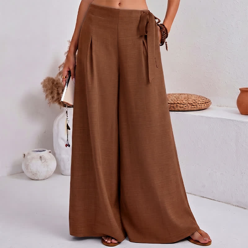 Buddha Stones Spring Casual Retro Plain Drawstring Women's Wide Leg Pants With Pockets
