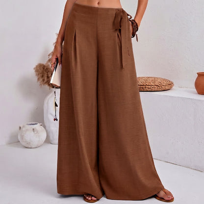 Buddha Stones Spring Casual Retro Plain Drawstring Women's Wide Leg Pants With Pockets