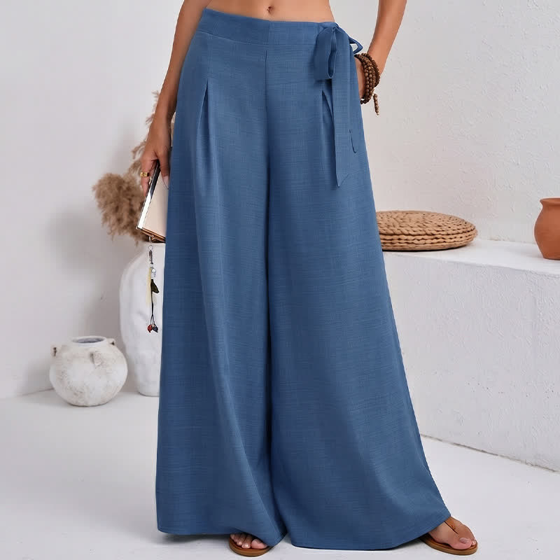 Buddha Stones Spring Casual Retro Plain Drawstring Women's Wide Leg Pants With Pockets