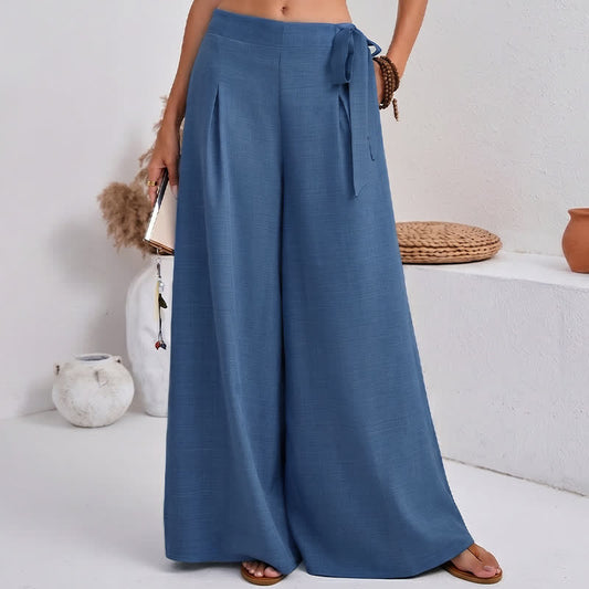 Buddha Stones Spring Casual Retro Plain Drawstring Women's Wide Leg Pants With Pockets