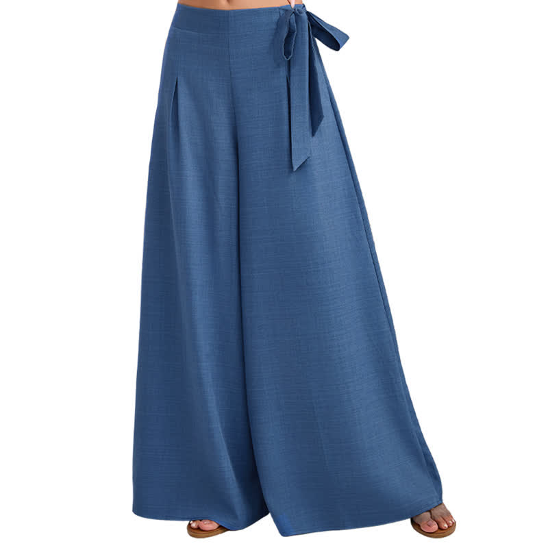 Buddha Stones Spring Casual Retro Plain Drawstring Women's Wide Leg Pants With Pockets