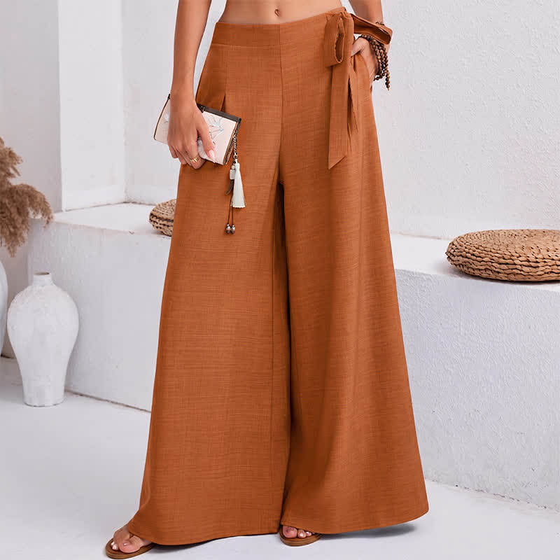 Buddha Stones Spring Casual Retro Plain Drawstring Women's Wide Leg Pants With Pockets