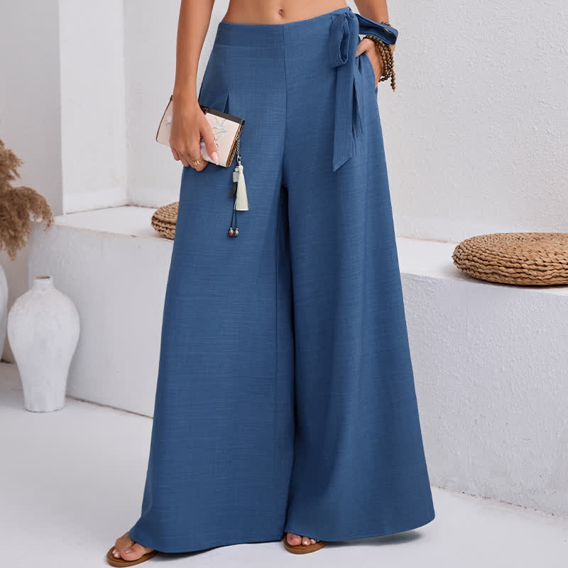 Buddha Stones Spring Casual Retro Plain Drawstring Women's Wide Leg Pants With Pockets