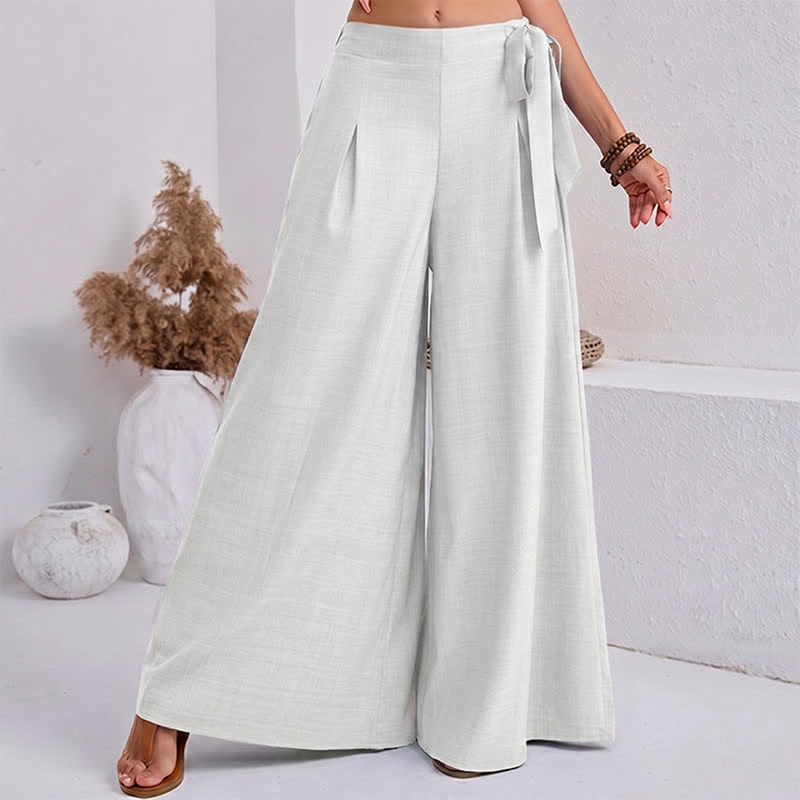 Buddha Stones Spring Casual Retro Plain Drawstring Women's Wide Leg Pants With Pockets