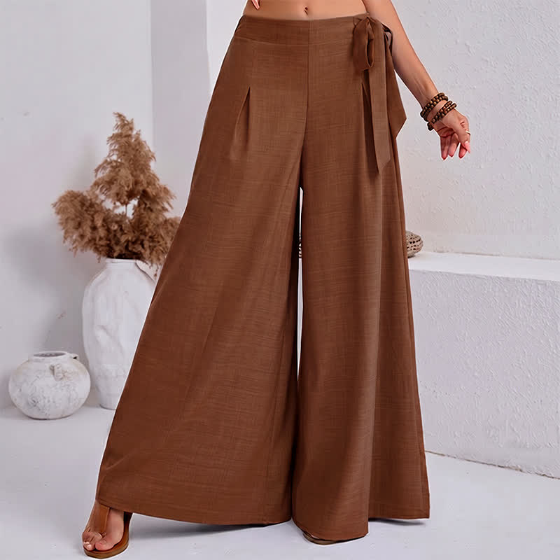 Buddha Stones Spring Casual Retro Plain Drawstring Women's Wide Leg Pants With Pockets