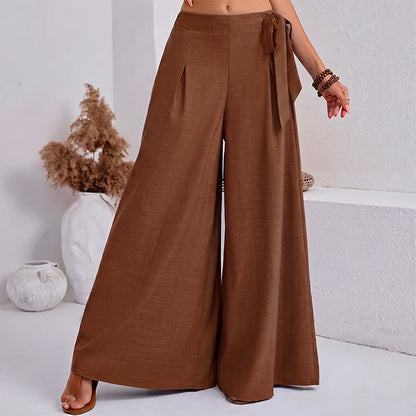 Buddha Stones Spring Casual Retro Plain Drawstring Women's Wide Leg Pants With Pockets