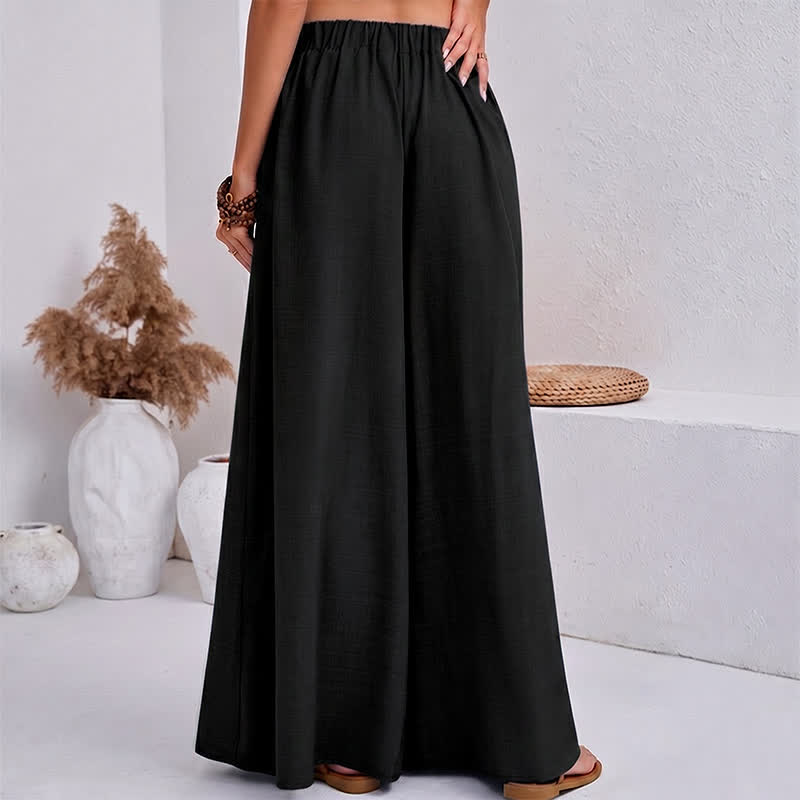Buddha Stones Spring Casual Retro Plain Drawstring Women's Wide Leg Pants With Pockets