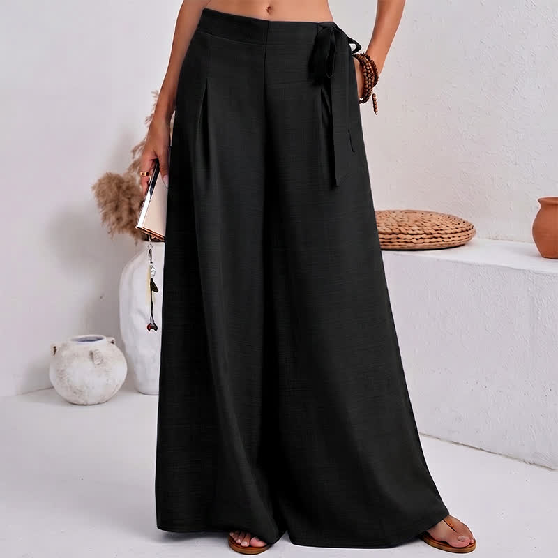 Buddha Stones Spring Casual Retro Plain Drawstring Women's Wide Leg Pants With Pockets