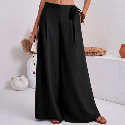 Buddha Stones Spring Casual Retro Plain Drawstring Women's Wide Leg Pants With Pockets