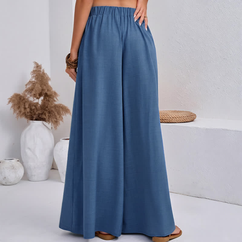 Buddha Stones Spring Casual Retro Plain Drawstring Women's Wide Leg Pants With Pockets