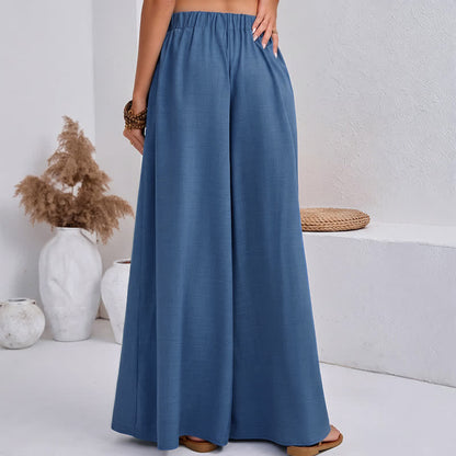 Buddha Stones Spring Casual Retro Plain Drawstring Women's Wide Leg Pants With Pockets