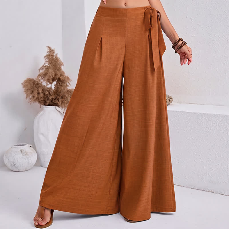 Buddha Stones Spring Casual Retro Plain Drawstring Women's Wide Leg Pants With Pockets