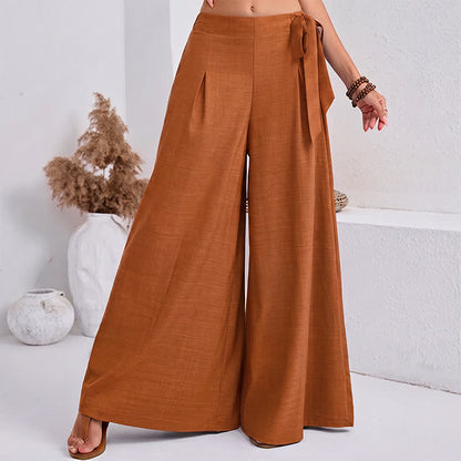 Buddha Stones Spring Casual Retro Plain Drawstring Women's Wide Leg Pants With Pockets