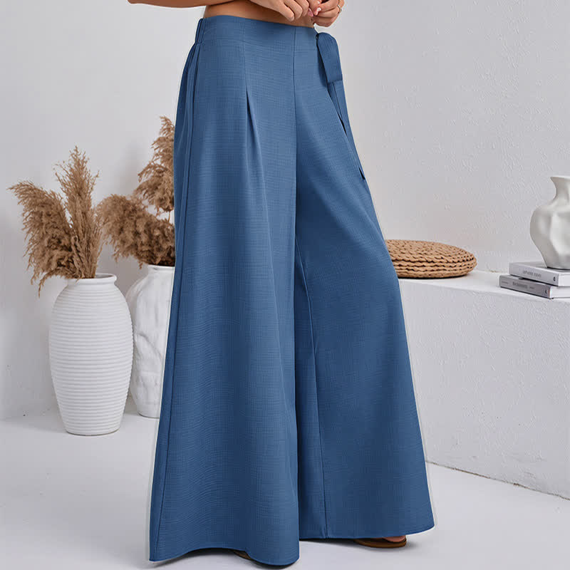 Buddha Stones Spring Casual Retro Plain Drawstring Women's Wide Leg Pants With Pockets