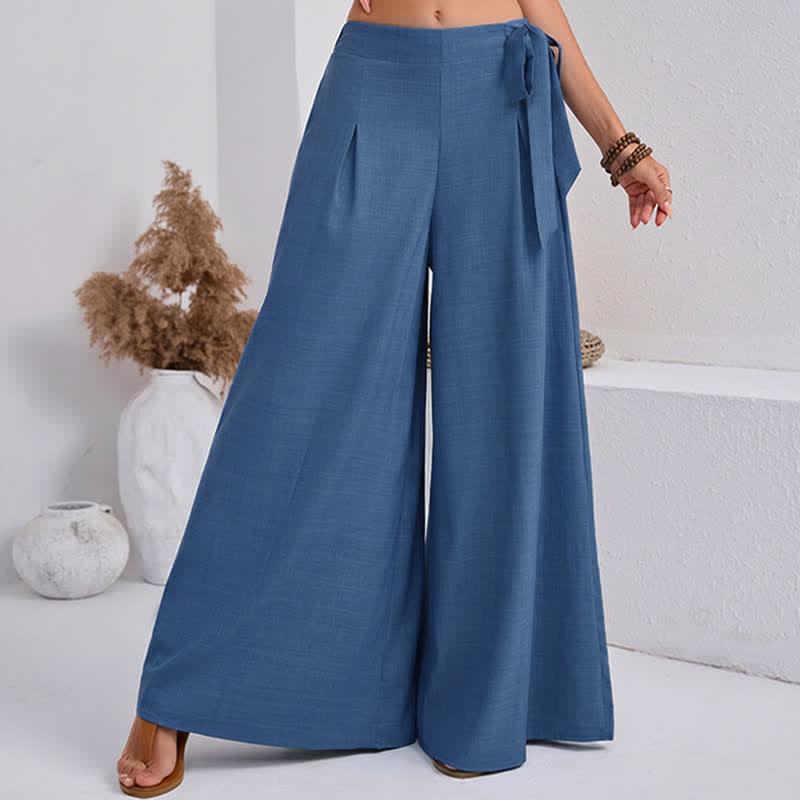 Buddha Stones Spring Casual Retro Plain Drawstring Women's Wide Leg Pants With Pockets
