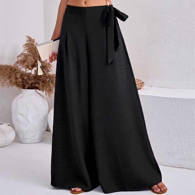 Buddha Stones Spring Casual Retro Plain Drawstring Women's Wide Leg Pants With Pockets