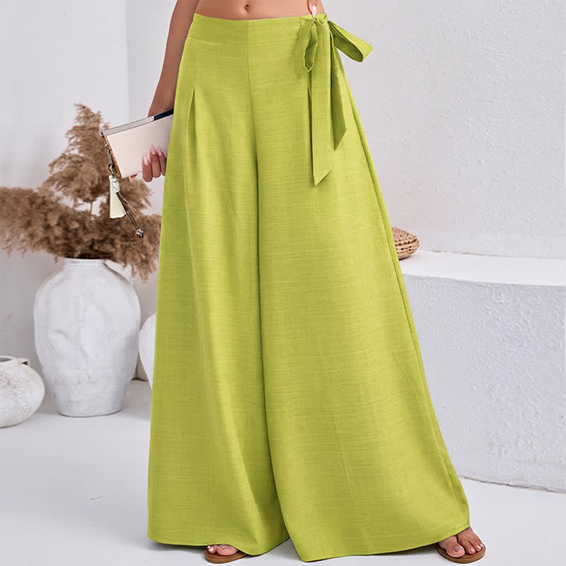 Buddha Stones Spring Casual Retro Plain Drawstring Women's Wide Leg Pants With Pockets